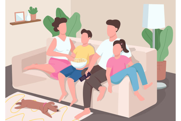 Family Watch TV Flat Color Vector